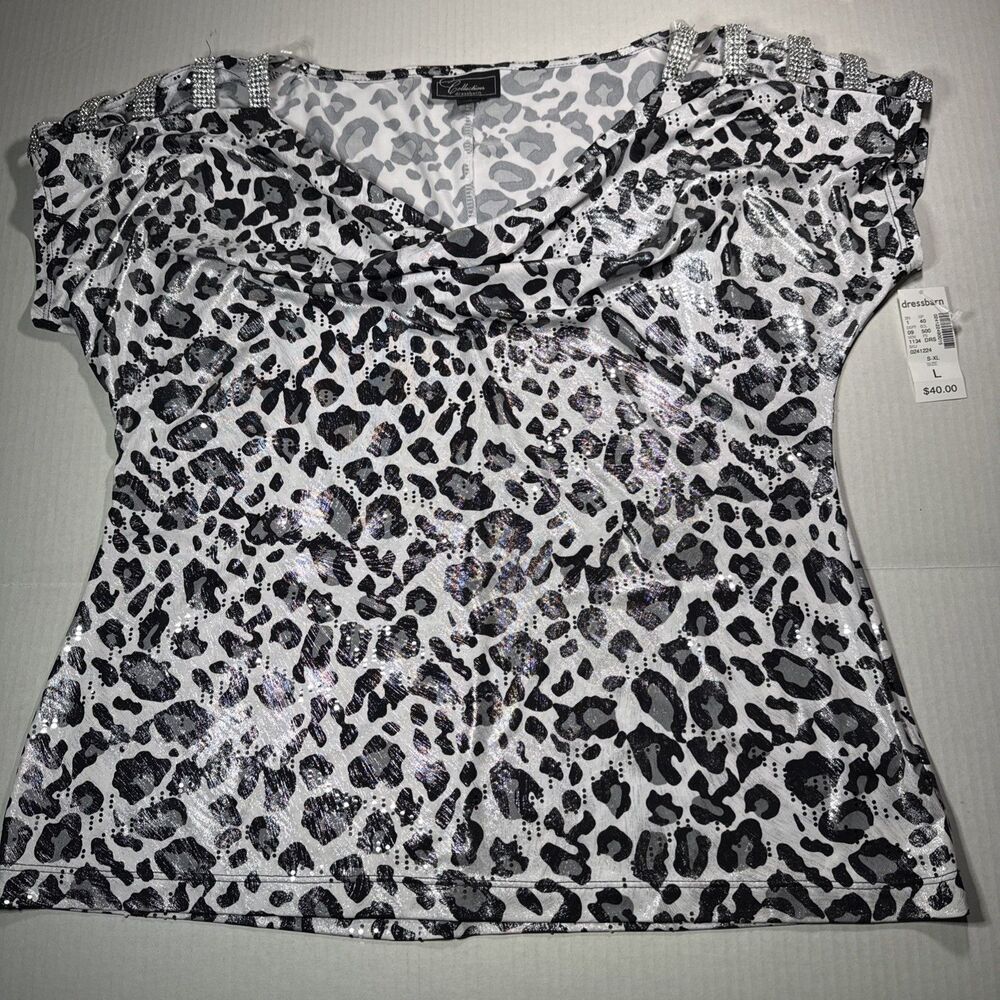 NEW Dressbarn Collection Large Leopard Rhinestone Sparkle Cowl Neck Top Mature